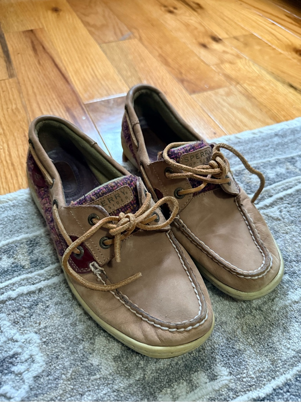 Sperry Brown Leather Boat Shoes with Burgundy Fabric Accents